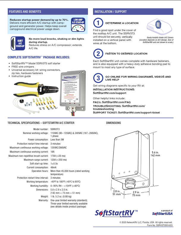 SoftStartRV Eliminate low power A/C starting problems product sheet